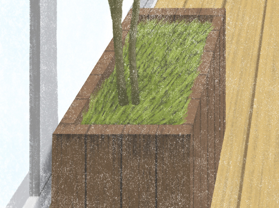 枕木調のウッド素材のコンテナの上の苔を生す